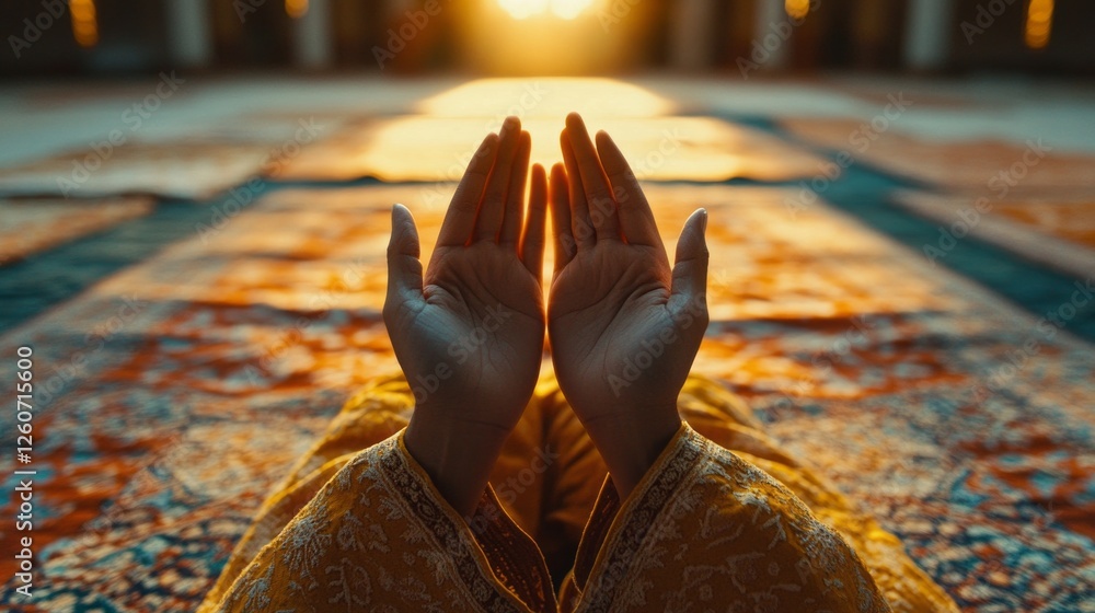 Poster hands are uplifted in prayer, symbolizing hope and devotion as the golden rays of sunset filter thro