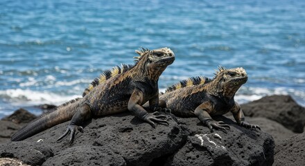 Obraz premium Marine Iguanas Basking on Volcanic Rock by the Ocean
