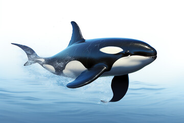 Obraz premium Tilted angle perspective of a killer whale underwater, serene blues, photorealistic rendering, intricate light reflections, showcasing the elegance and depth of marine life