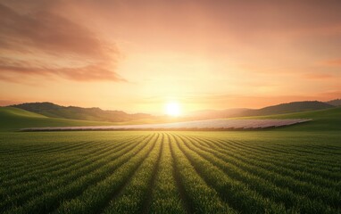 Obraz premium Golden Horizon with Solar Panels: A wide, panoramic view of solar panels arranged in rows on a green, rolling hillside under a breathtaking golden sunset. 