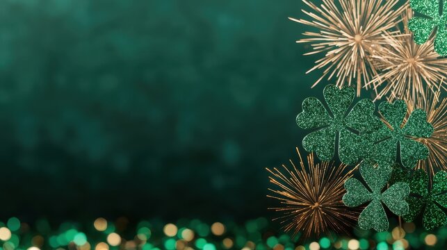 St. Patrick's Day parade concept. A festive green background features shimmering gold fireworks and sparkling clovers, creating a vibrant and celebratory atmosphere.