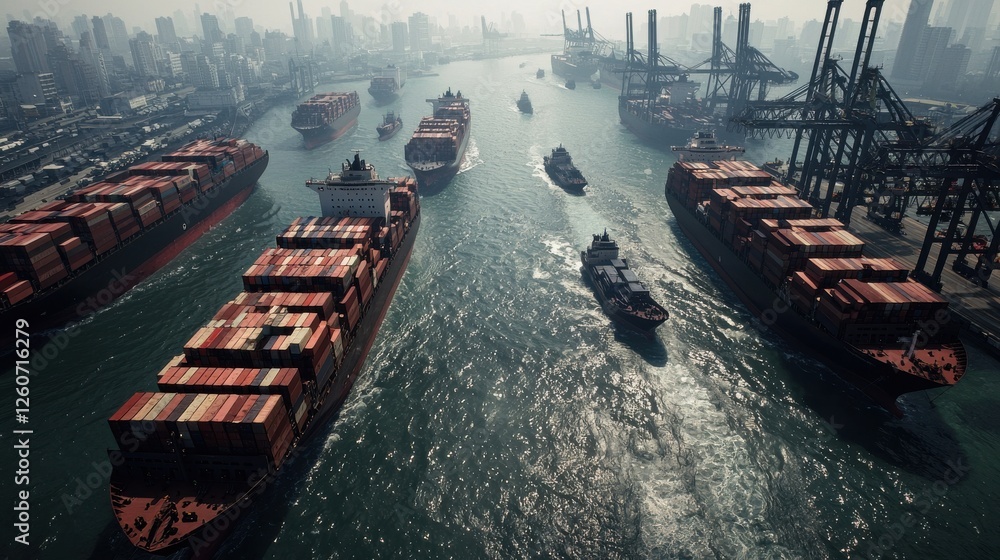 Poster a bustling port scene with large container ships navigating through a busy waterway, surrounded by c