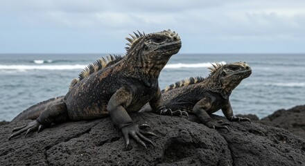 Obraz premium Marine Iguanas Basking on Volcanic Rock by the Ocean