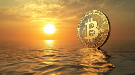 Surreal Bitcoin glowing as it rises above a golden rippling ocean