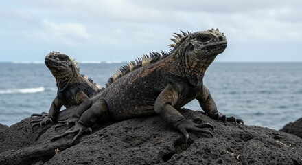 Marine Iguanas Basking on Volcanic Rock by the Ocean