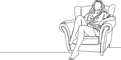 continuous single line drawing of woman relaxing in armchair, line art vector illustration