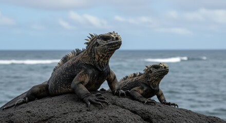 Marine Iguanas Basking on Volcanic Rock by the Ocean