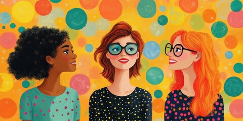 Three Women Engaging in a Joyous Interaction with Colorful Polka-Dot Background Displaying Diverse Hairstyles and Glasses, Celebrating Friendship