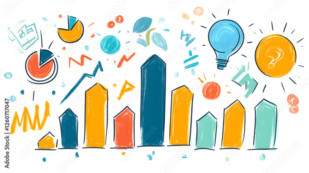 Poster a colorful illustration depicting various graphs, charts, and icons symbolizing data analysis, growt