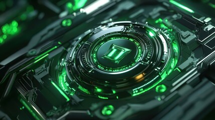 Tether coin embedded in a panel glowing with green energy patterns