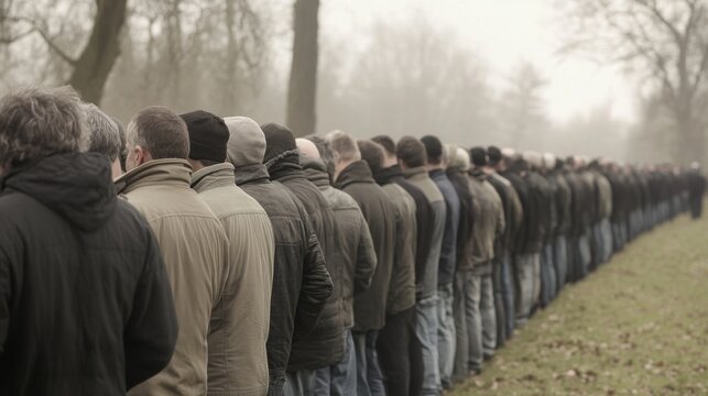 Men line up outdoors, foggy park background; somber event