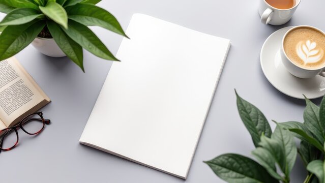 Full page newspaper ad mockup with a blank sheet of paper surrounded by plants, a book, glasses, and coffee.