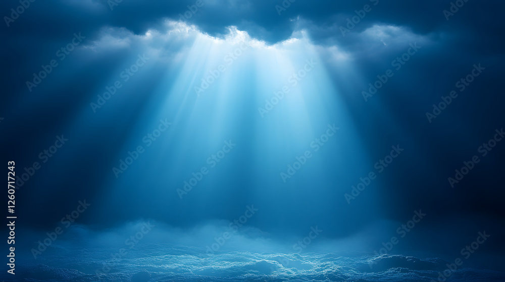 Poster A serene underwater scene illuminated by rays of light breaking through the surface, creating a tranquil and ethereal atmosphere