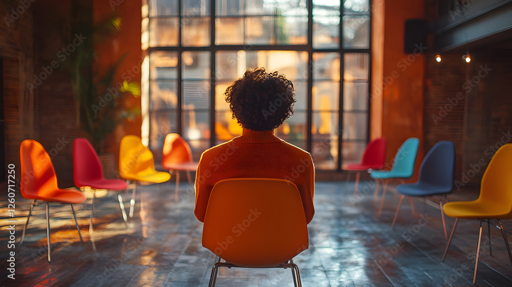 Poster A contemplative individual sits in a vibrant room, surrounded by colorful chairs and large windows, creating a warm and inviting atmosphere