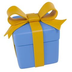 Stylized blue gift box with yellow ribbon. Isolated on transparent background
