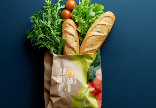 Paper Grocery Bag Mockup with Fresh Bread and Vegetables &ndash; Realistic Eco Packaging Template for Organic Food Branding, Farmers Market Promotion, or Retail Display