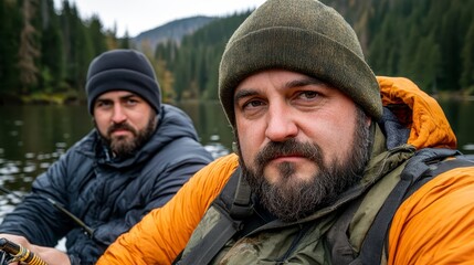 Fototapeta premium Two men, likely fishermen, sit on a boat on a river. They appear outdoors and are in a natural landscape. The man on the right, with a focused