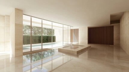 Fototapeta premium Modern luxury home interior, pool view, calm ambiance, architectural design, for real estate brochures