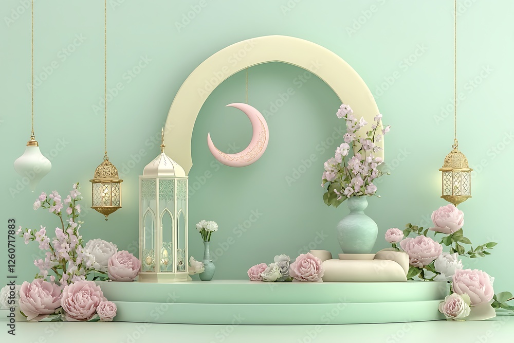 Fototapete 3d rendering image of ramadan and eid fitr theme greeting background with islamic decoration objects
