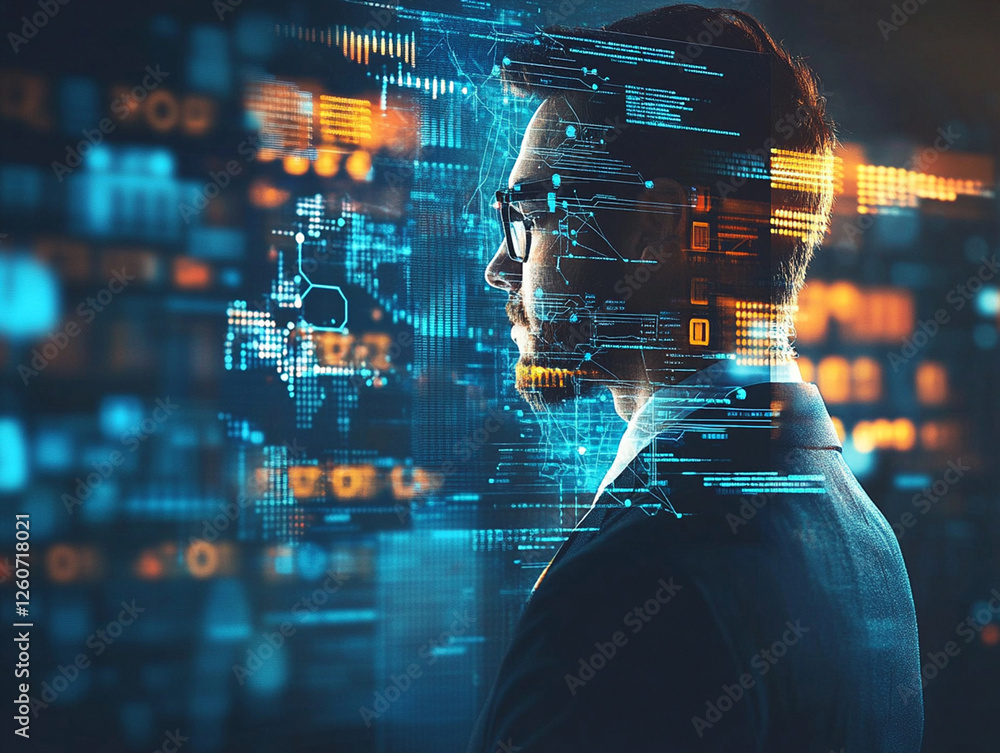 Wall mural a business professional examines a complex array of digital information and graphics, fully engaged 