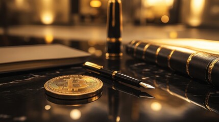 Binance coin on a marble tabletop glowing beside a leather notebook