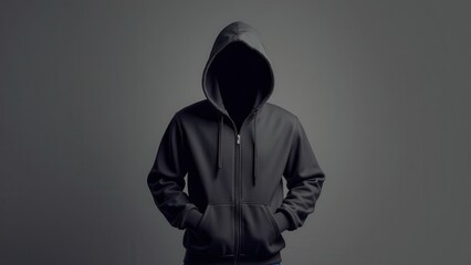 Full zip up hoodie over face mockup with hands in pockets, set against a plain background.