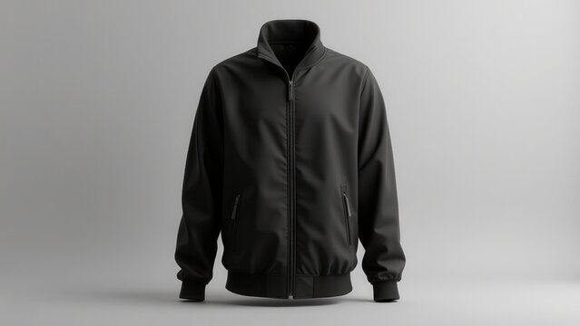 Full zip up jacket mockup with a sleek black design, featuring a high collar and zippered pockets.