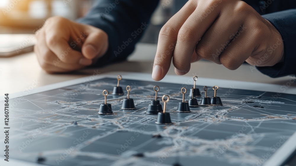 Poster hand interacts with mobile map displaying multiple location pins on a tabletop, illustrating navigat
