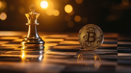 Golden Binance coin beside a polished chess piece glowing under warm light