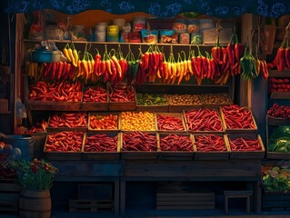 Naklejka premium Freshly Harvested Peppers Displayed at a Vibrant Outdoor Farmers Market