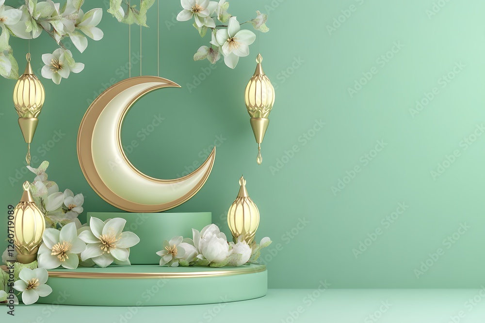 Fototapete 3d rendering image of ramadan and eid fitr theme greeting background with islamic decoration objects