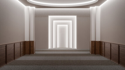 A large room with a white wall and wooden paneling. The room is empty and has a very clean and minimalist look premium photo 3d render