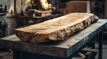Longitudinal slab of valuable wood species on a workbench in a carpentry workshop