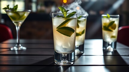Close-up view of mojito cocktail in glasses on dark wooden table, cocktail drinks concept