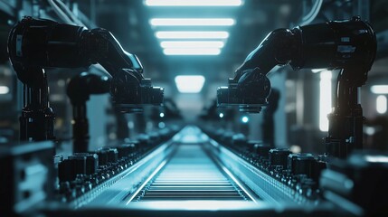 Robotic Arms on Conveyor Line Industrial Production