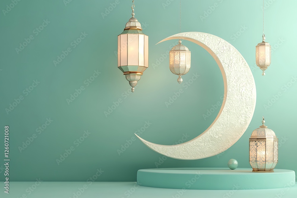 Fototapete 3d rendering image of ramadan and eid fitr theme greeting background with islamic decoration objects