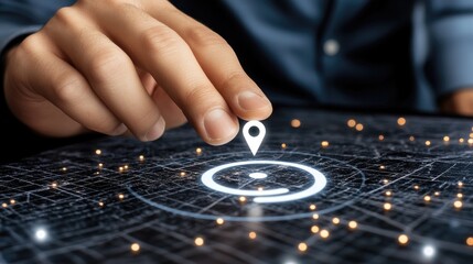 Businessman engages with a virtual map and location pin on a mobile screen while preparing for travel during twilight hours.