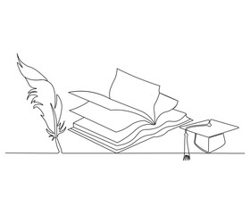 Continuous one line drawing of celebrating graduation hat, feather and book. Single line drawing illustration of education. Graduation concept vector art. Doodle line illustration.