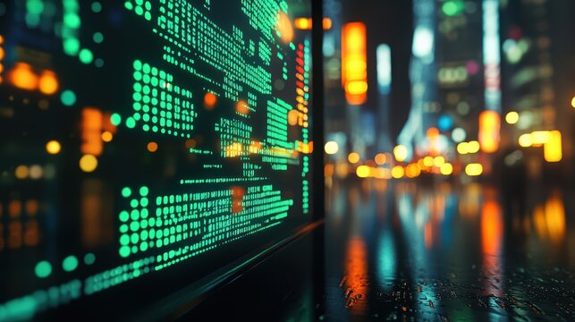 Glossy stock ticker screen showing a green cryptocurrency surge