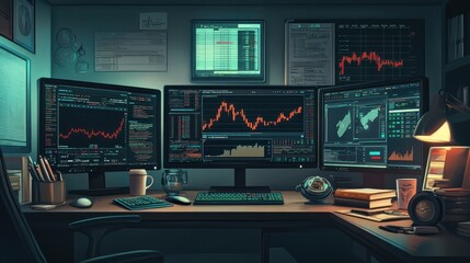 Fototapeta premium Financial desk with coffee and crypto market indicators