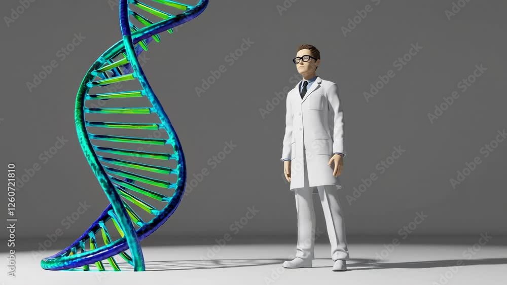 Poster genetic research visualization featuring professional scientist standing near large rotating dna dou