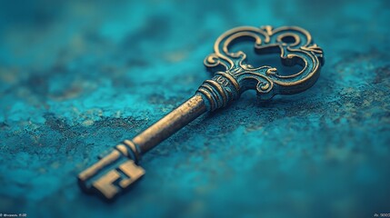 Antique key on turquoise textured surface; mystery, secrets, access