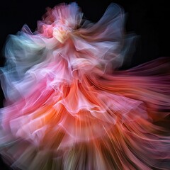 white studio background. There's a woman in her 30s twirling and out of motion. She's wearing light pink loose dress and completely blurry in the picture. there are light pink roses hanging from the c