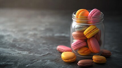 Colorful Macaroons in Glass Jar on Stone Surface