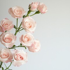 Obraz premium white studio background. There's a woman in her 30s twirling and out of motion. She's wearing light pink loose dress and completely blurry in the picture. there are light pink roses hanging from the c