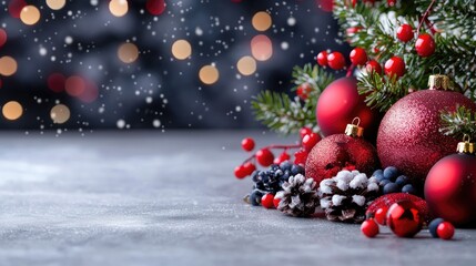Festive Christmas ornaments, berries, and pine cones on a table, with a bokeh background; ideal for holiday greetings
