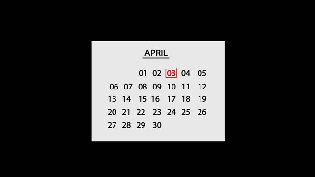 3 April Calendar Date Animation on black background. Calendar date icon loop animated. calendar important date mark. 3 April Calendar Sign. 3 April Calendar symbol. 3 April Calendar mark.