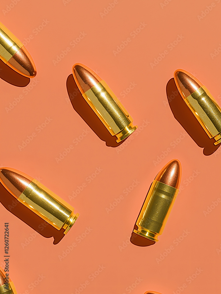 Poster golden bullets on coral: a striking, abstract composition of gleaming golden bullets arranged in a d