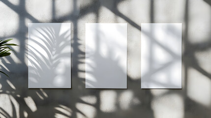Three blank canvases on a wall with shadows from a plant, suggesting artistic potential.