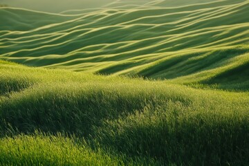 Scenic rolling green hills covered in lush grass, bathed in soft sunlight. A tranquil natural landscape with gentle slopes, creating a peaceful and picturesque countryside view